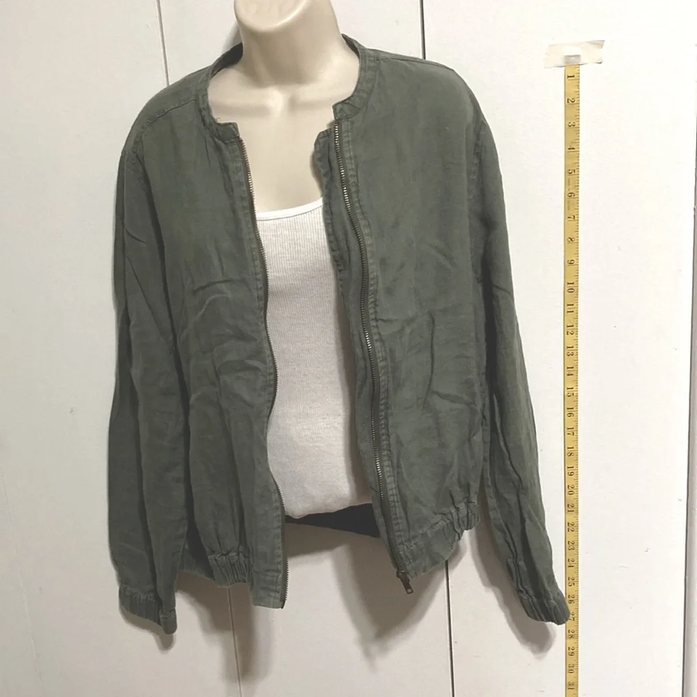 CYNTHIA ROWLEY LINEN Army Green Khaki Bomber Jacket Full Zip Long Sleeves Large